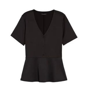 Halogen Button Front V-Neck Peplum Top - Black